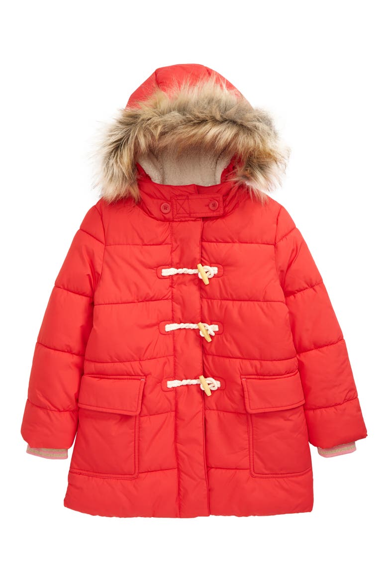 Kids' Quilted Puffer Coat with Faux Fur Trim, Main, color, SUMMER POPPY RED