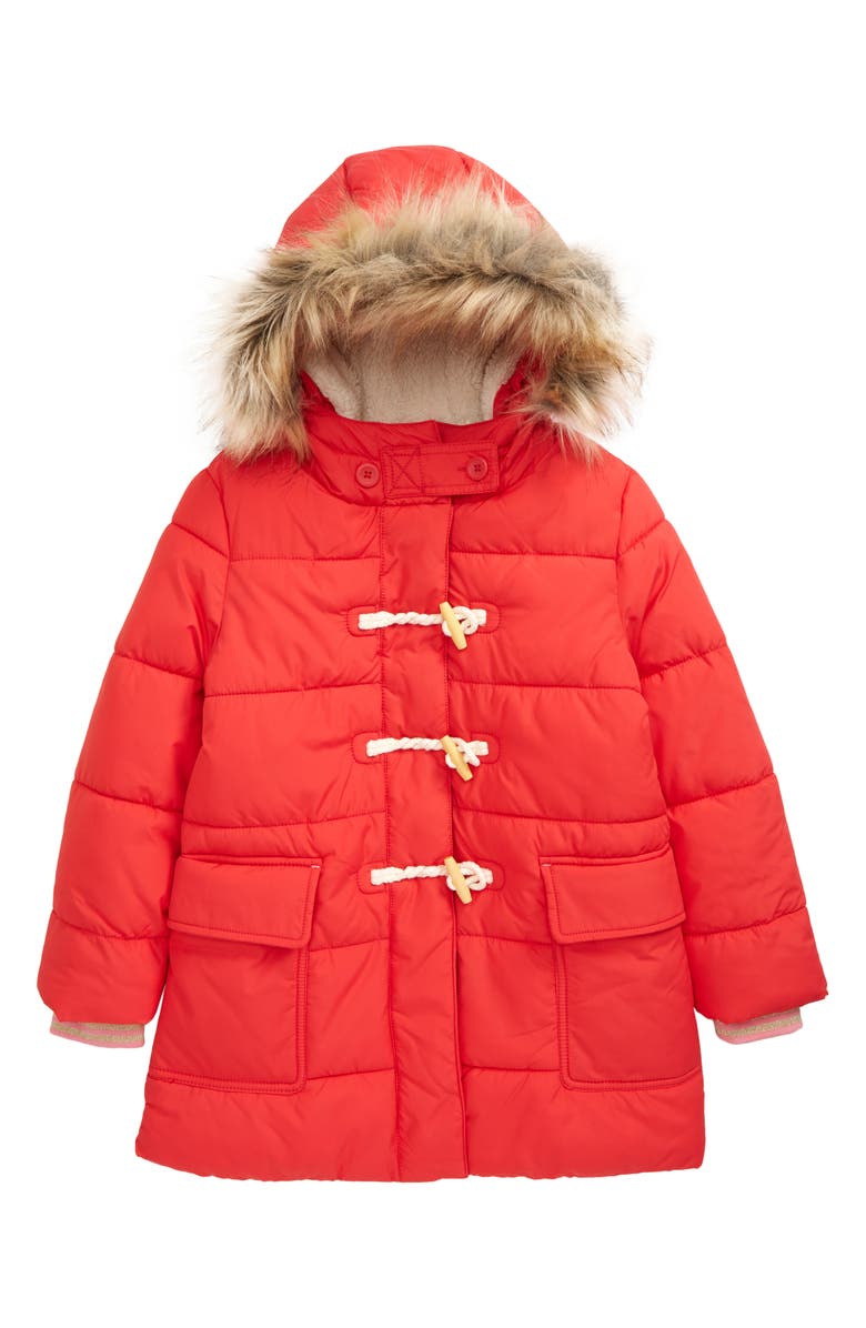 Mini Boden Kids' Quilted Puffer Coat with Faux Fur Trim, Main, color,