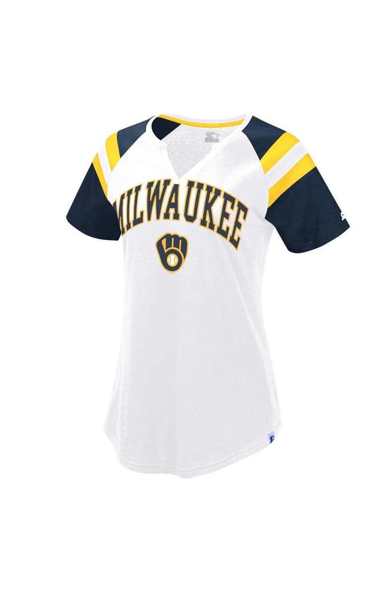 STARTER Women's Starter White/Navy Milwaukee Brewers Game On Notch Neck Raglan T-Shirt, Alternate, color, 