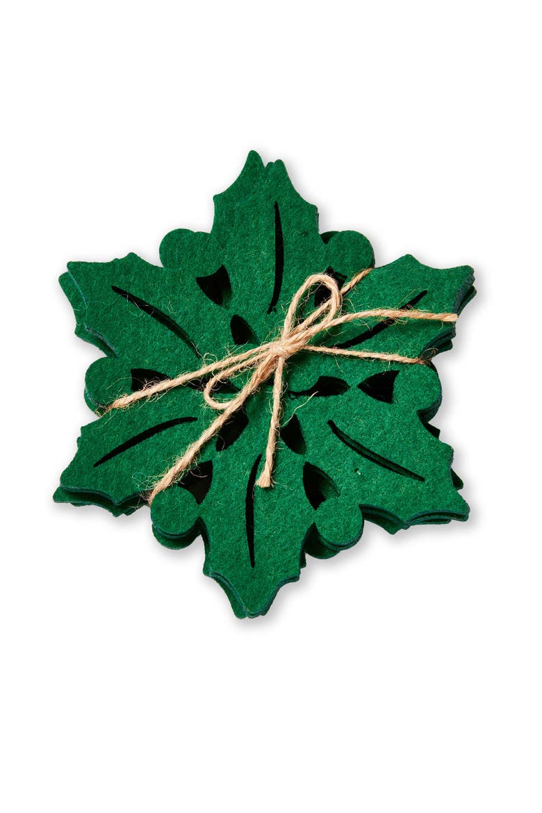 Holly Coaster Set Christmas Green Polyester Drinkware Decor, Main, color, Green