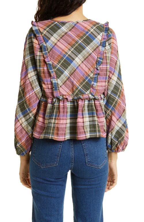 Veronica Beard Katalina Plaid Peplum Top In Olive/pink