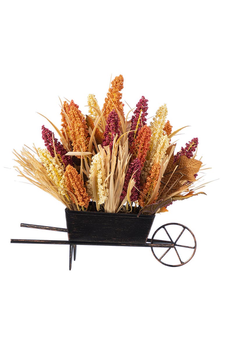 15"H Fall Multi-Colored Sorghum Cart Centerpiece, Alternate, color, Orange
