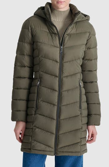 Dkny Cire Packable Hooded Longline Puffer Jacket In Green