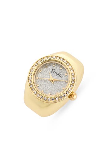 Jessica Simpson Glitter Crystal Bezel Ring Watch, 19mm In Gold
