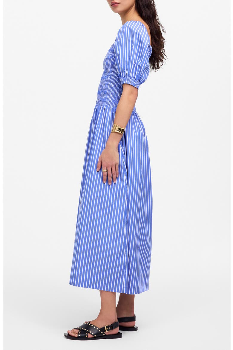 Smocked Puff Sleeve Midi Dress in Stripe Poplin, Alternate, color, WATERFALL
