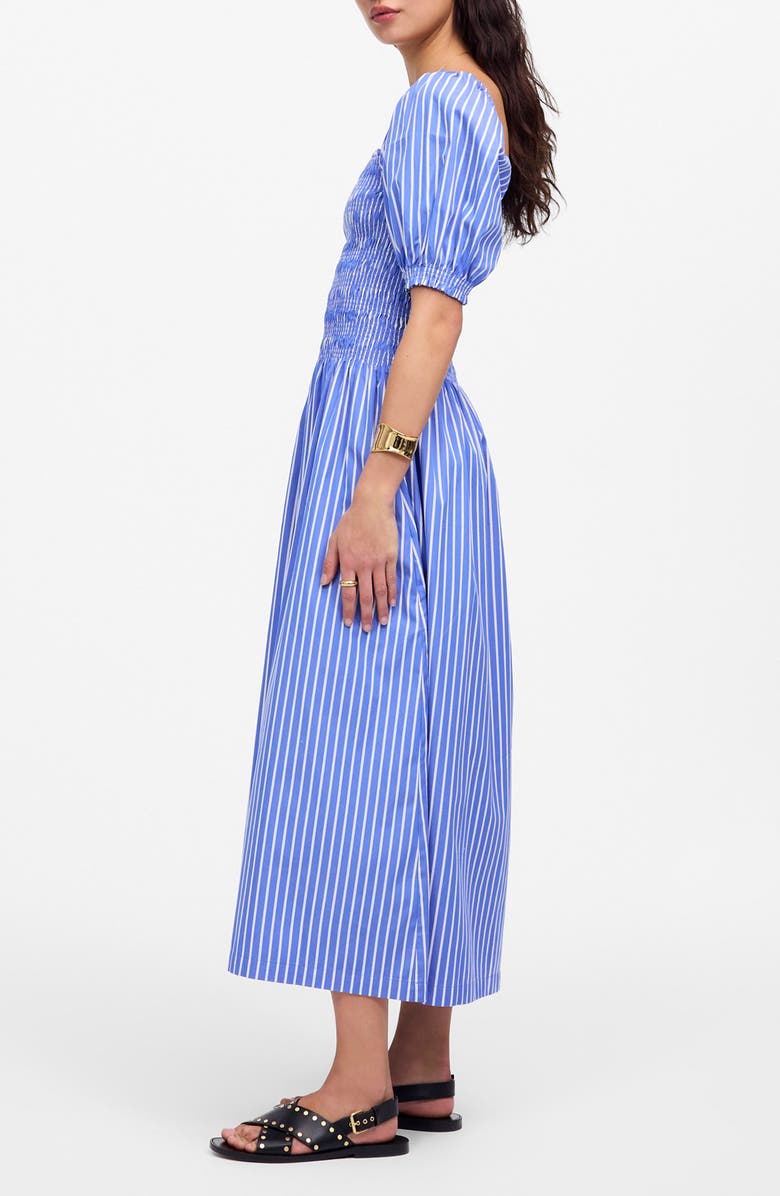 Madewell Smocked Puff Sleeve Midi Dress in Stripe Poplin, Alternate, color, Waterfall