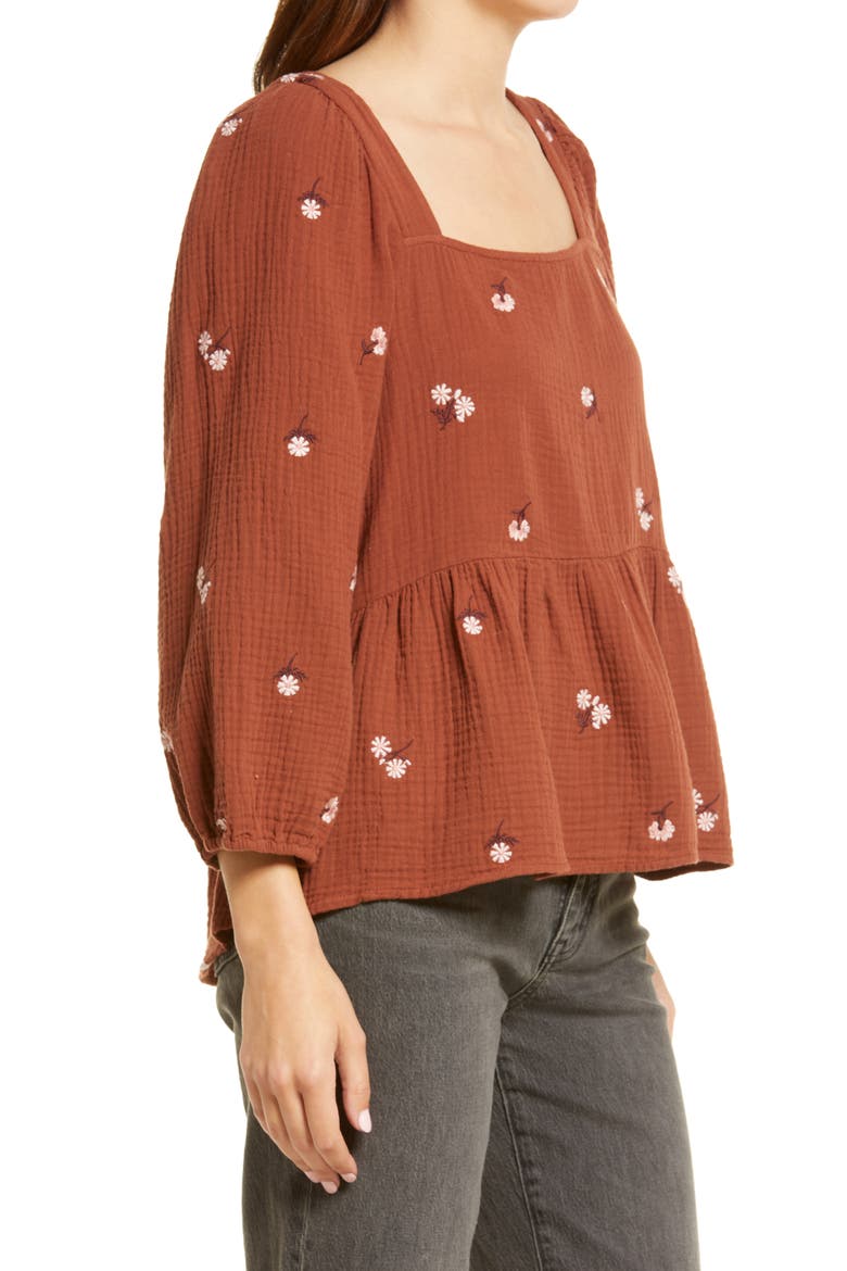 Millbrook Amie Floral Embroidered Puff Sleeve Lightspun Peplum Top, Alternate, color, MAPLE SYRUP