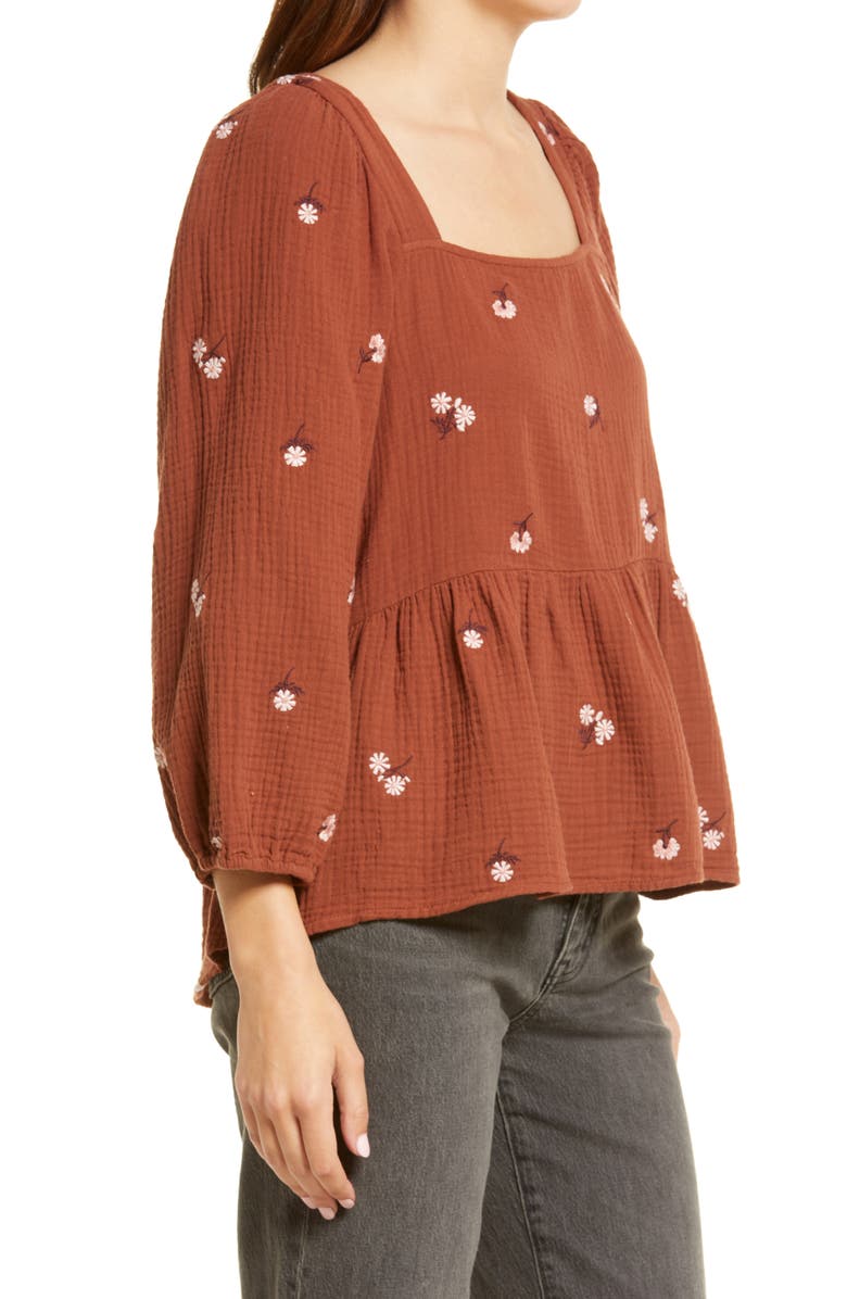 Madewell Millbrook Amie Floral Embroidered Puff Sleeve Lightspun Peplum Top, Alternate, color, 