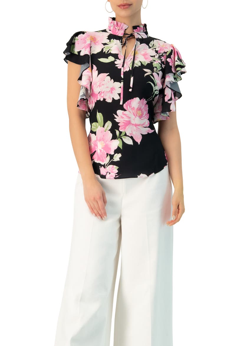 Floral Print Blouse with Ruffle Sleeves, Main, color, Black
