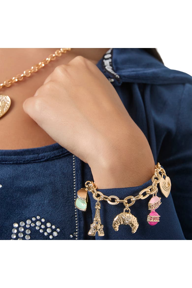 Paris Travel Charm Bracelet, Macaron, Croissant, Alternate, color, Gold Tone