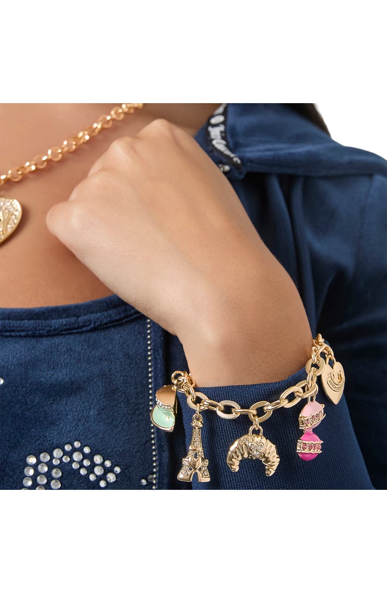 Juicy Couture Paris Travel Charm Bracelet, Macaron, Croissant, Alternate, color, Gold Tone