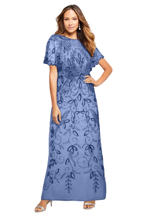 Extended Plus Size Beaded Capelet Maxi Gown Glam Evening Dress