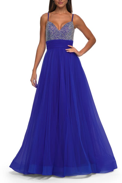 La Femme Tulle Gown With Full Skirt And Rhinestone Bodice In Royal Blue