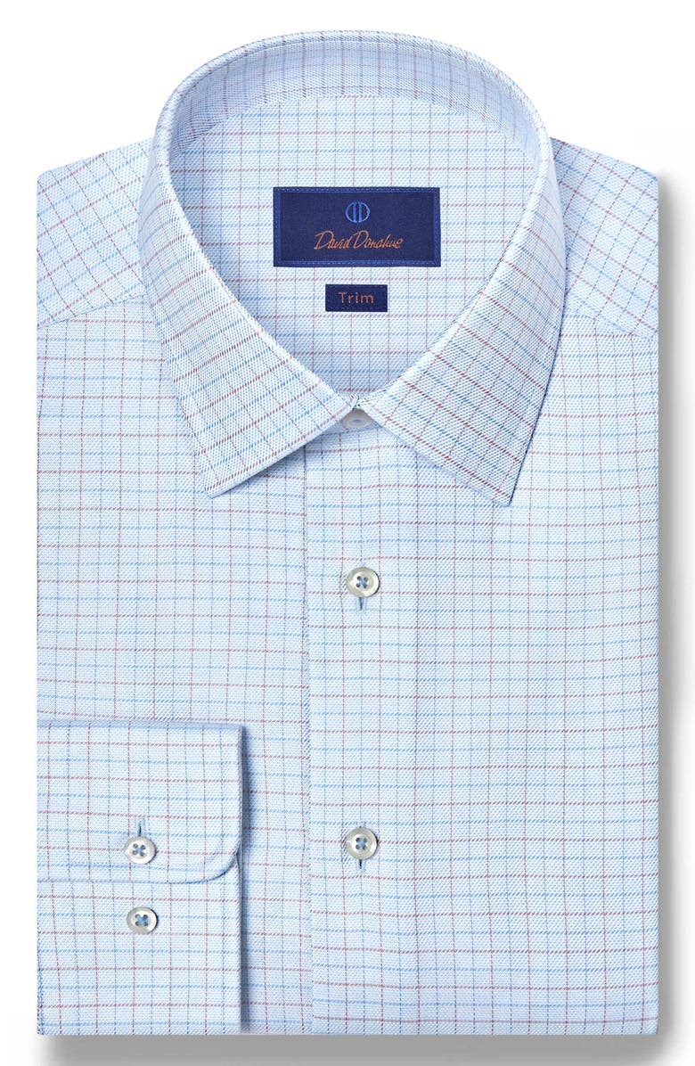 David Donahue Trim Fit Light Blue Check Cotton Dobby Dress Shirt, Main, color, Sky/ Dune