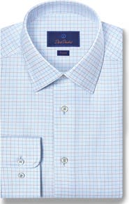 David Donahue Trim Fit Light Blue Check Cotton Dobby Dress Shirt