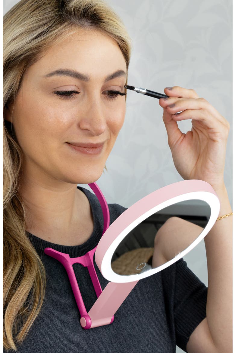 Multi-Position Lighted Travel Hand Mirror with 10X/1X Magnification, Alternate, color, Pink/Pink