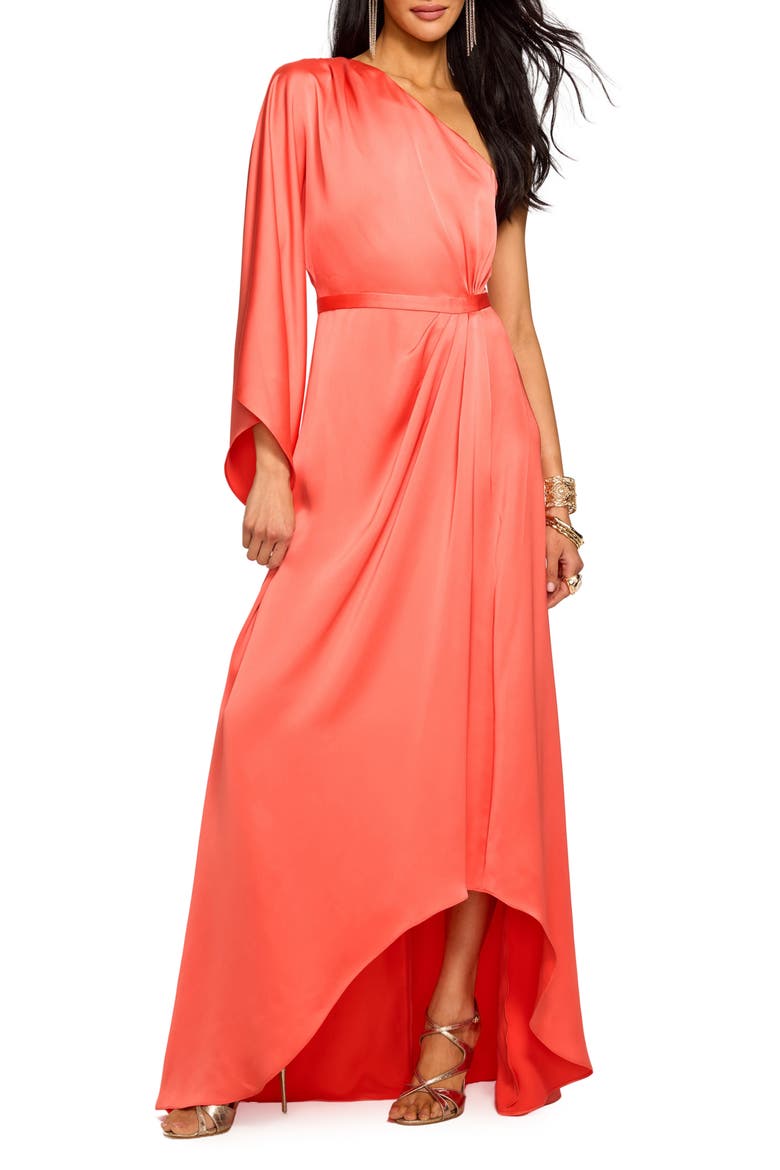Opal One-Shoulder Single Long Sleeve Satin Gown, Main, color, CORAL