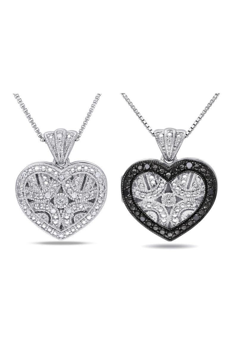 DELMAR Set of 2 Sterling Silver Pavé Diamond Heart Necklaces - 0.12ct., Main, color, White