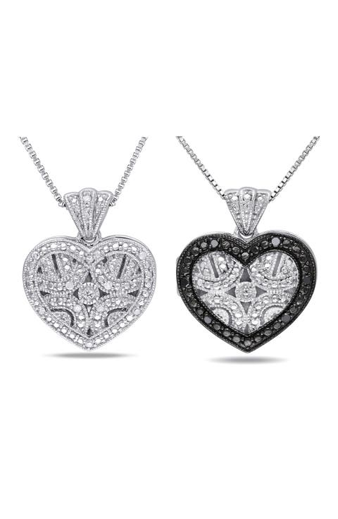 Set of 2 Sterling Silver Pavé Diamond Heart Necklaces - 0.12ct.
