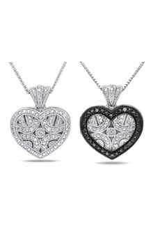 DELMAR Set of 2 Sterling Silver Pavé Diamond Heart Necklaces - 0.12ct.