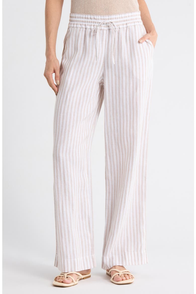 Cabana Stripe Wide Leg Linen Drawstring Pants, Main, color, COFFEE BREAK