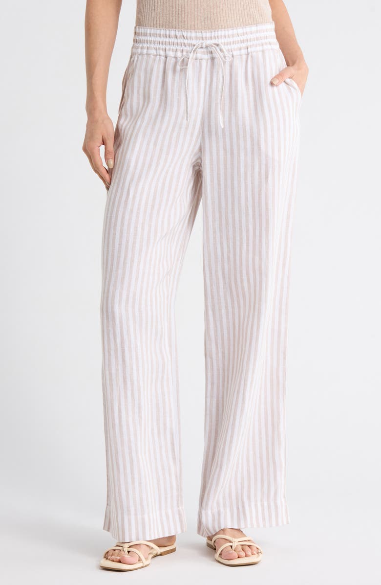 Tommy Bahama Cabana Stripe Wide Leg Linen Drawstring Pants, Main, color, Coffee Break