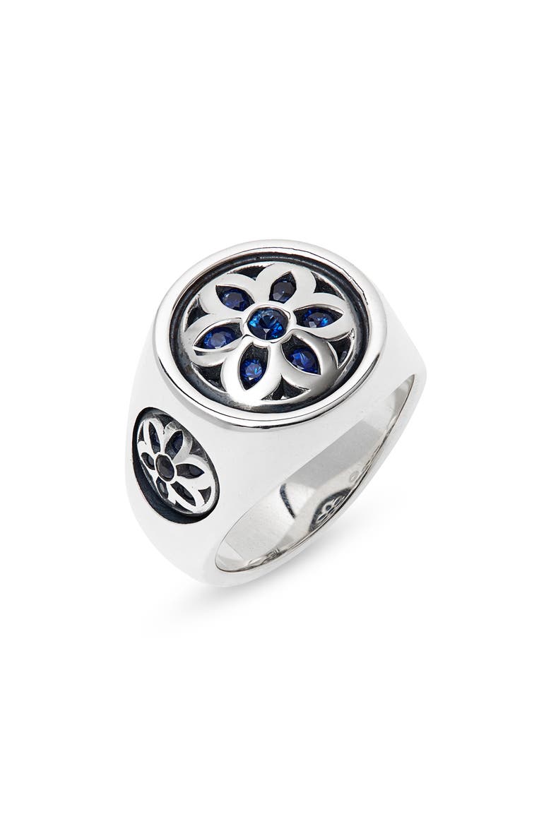 Men's Small Club Sapphire Flower Signet Ring, Main, color, SILVER