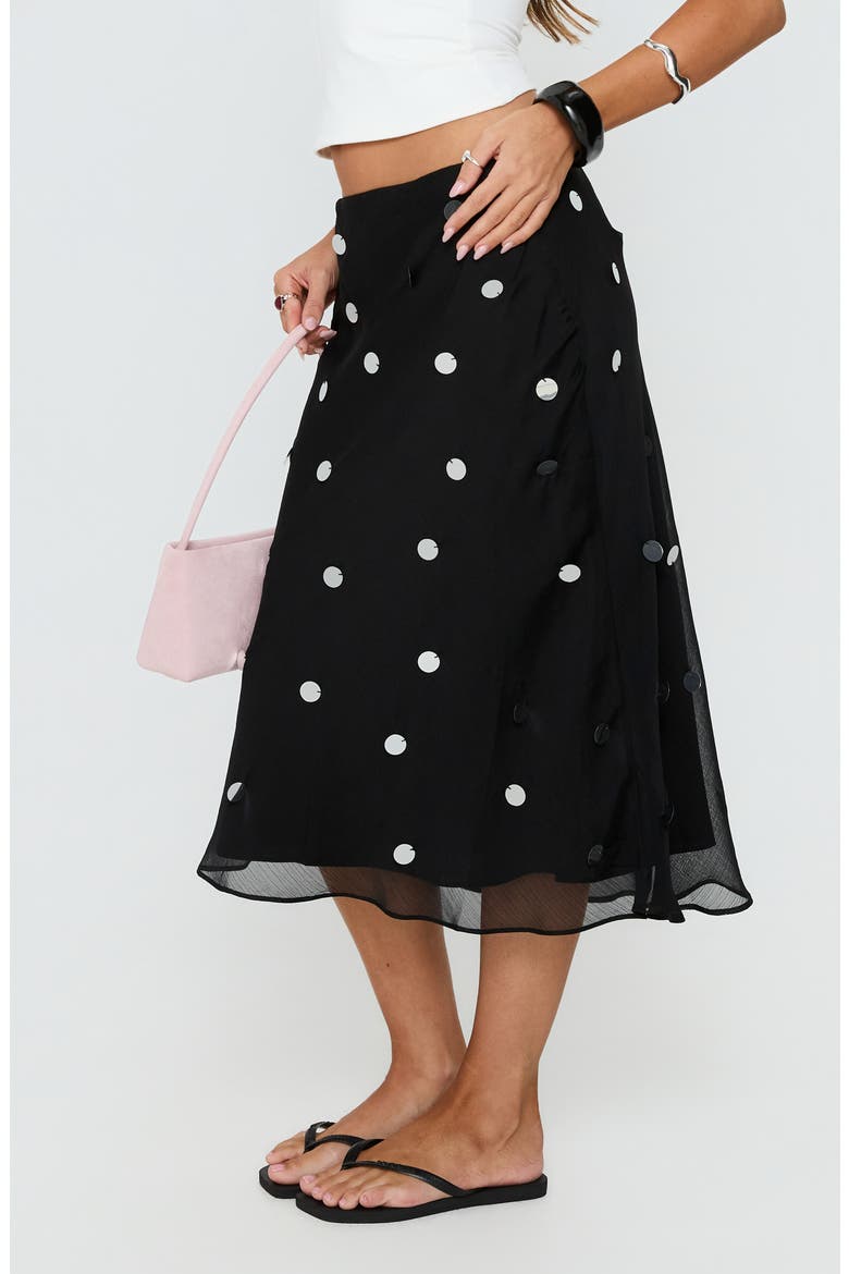 Kessiah Sequin Low Rise Midi Skirt, Alternate, color, BLACK
