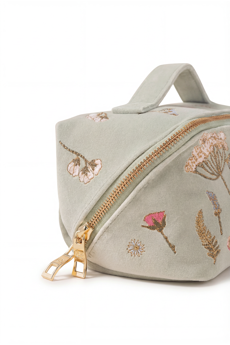 Pressed Flowers Velvet Open Flat Makeup Bag, Alternate, color, Sage