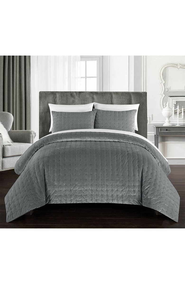 CHIC Chaya Rich Quilted Hand-Stitched Velvet King Comforter Set - Grey, Alternate, color,