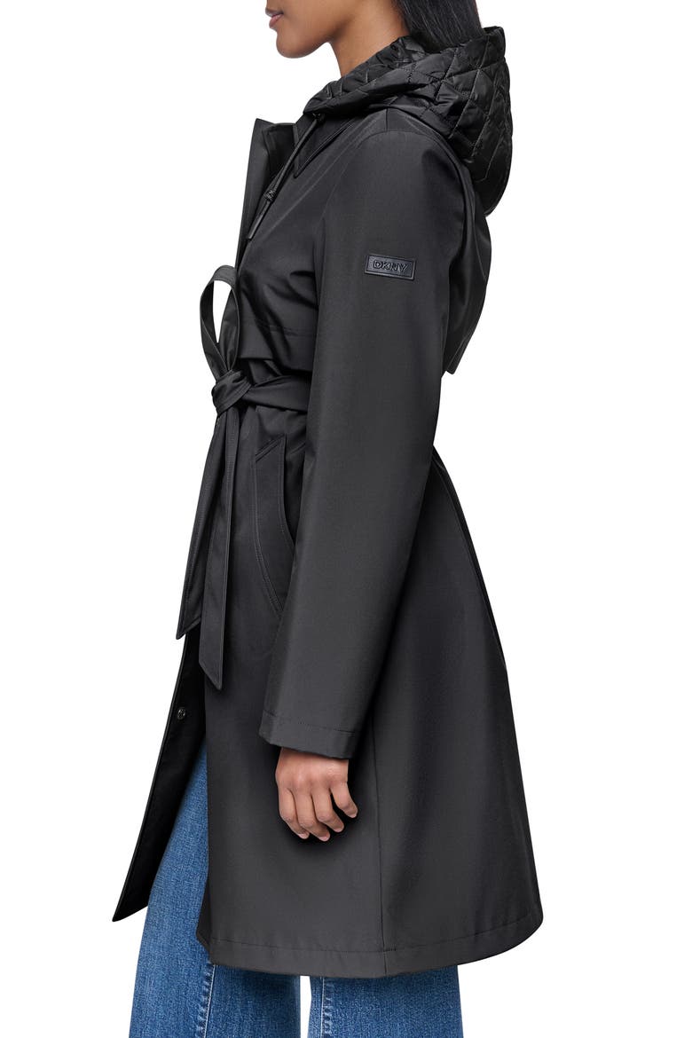 Softshell Quilted Bib Hooded Water Resistant Trench Coat, Alternate, color, BLACK