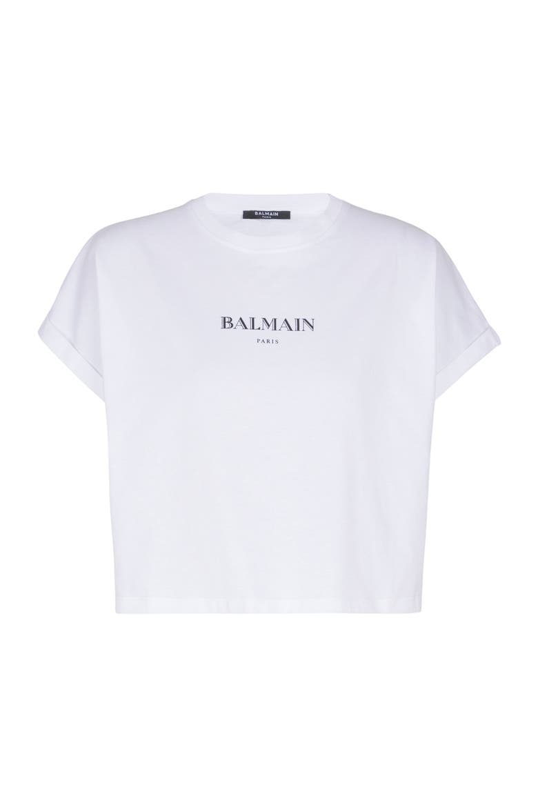 Cropped T-Shirt with Balmain Print, Alternate, color, white