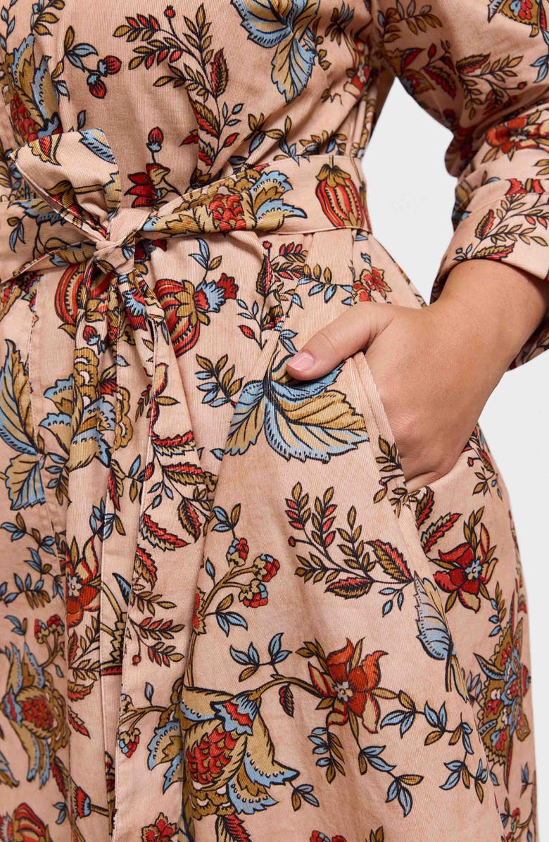 Foxcroft Agnes Autumn Leaf Print Long Sleeve Corduroy Belted Dress, Alternate, color, Camel Multi