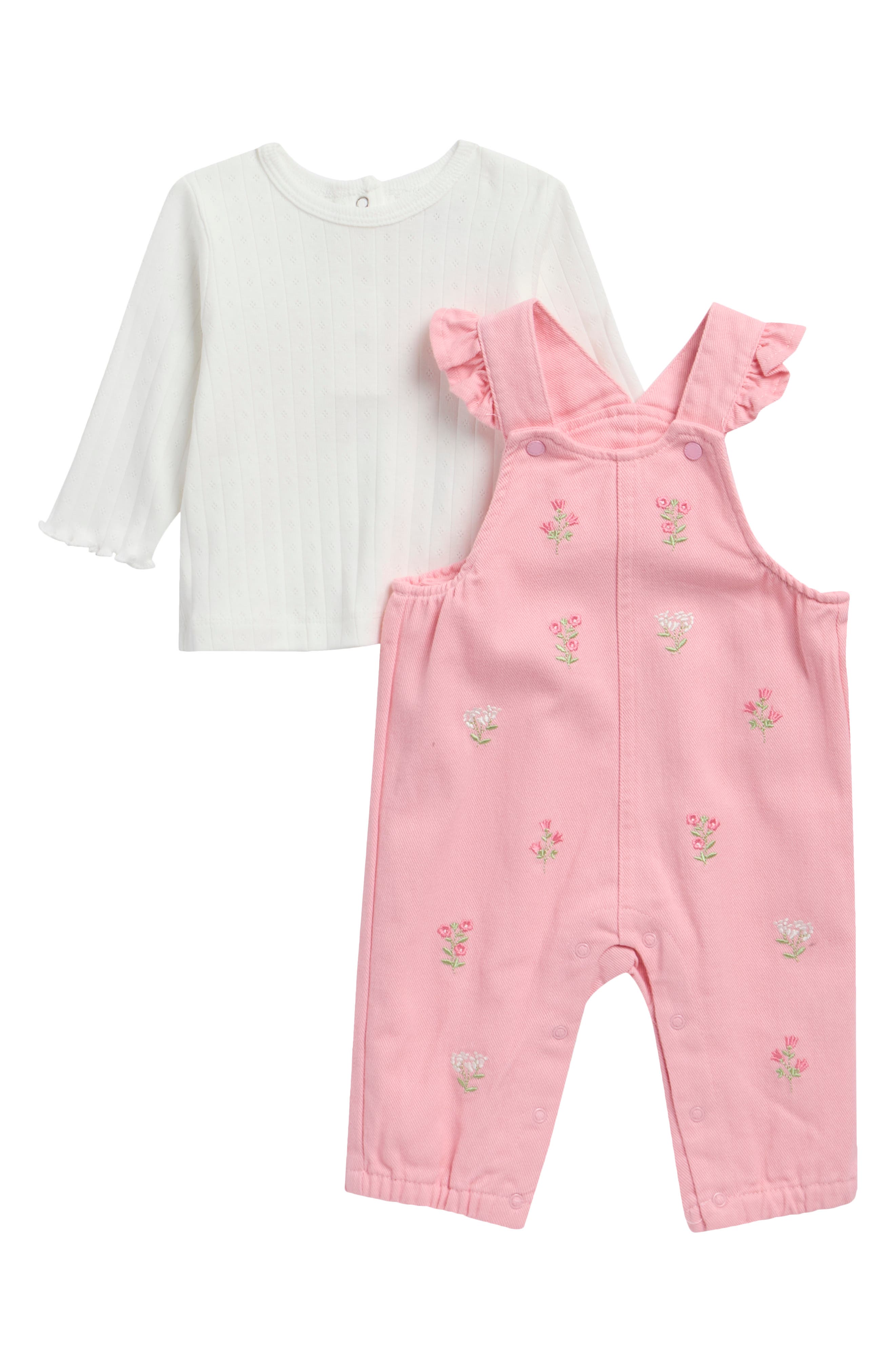 Pointelle Top & Floral Overalls Set