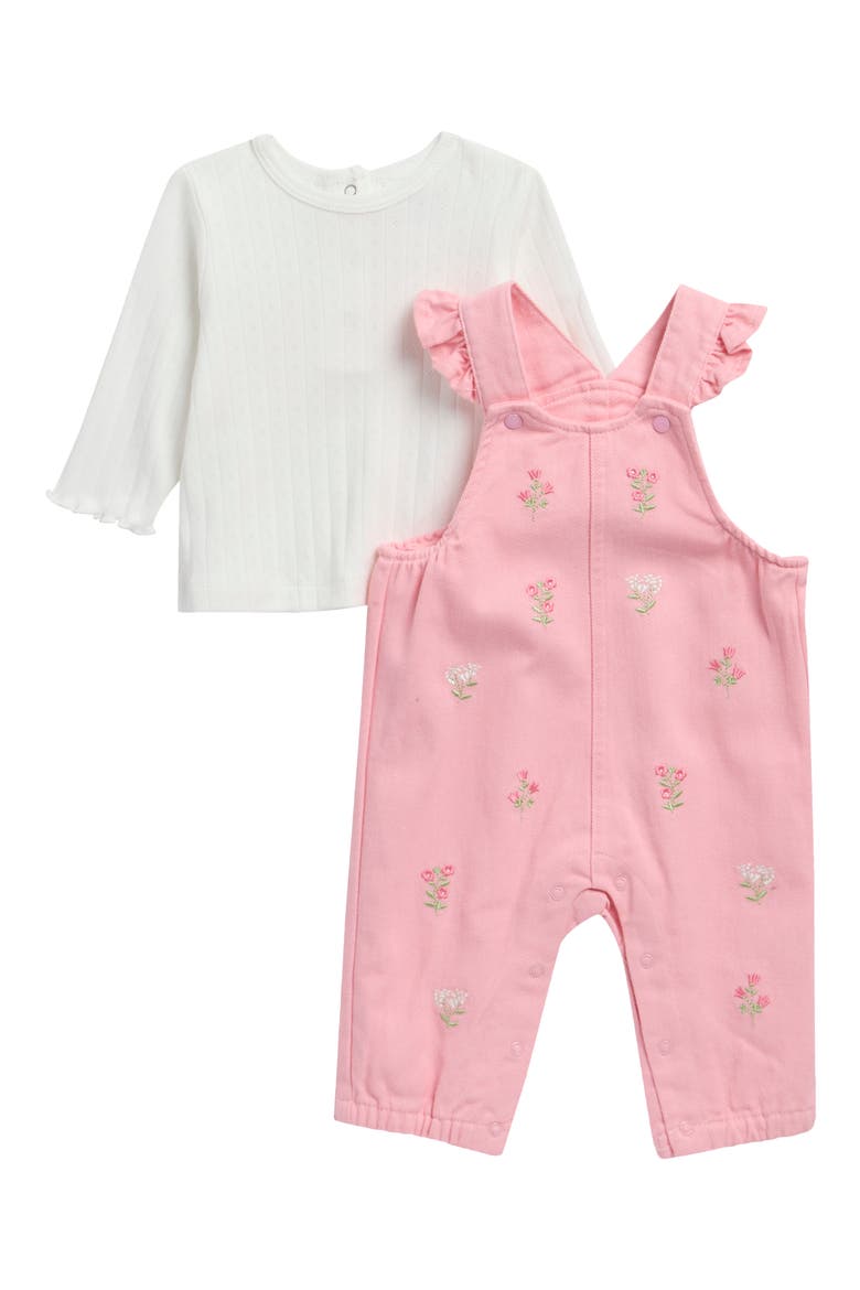 Pointelle Top & Floral Overalls Set, Main, color, PINK