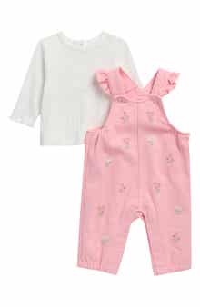 Pointelle Top & Floral Overalls Set