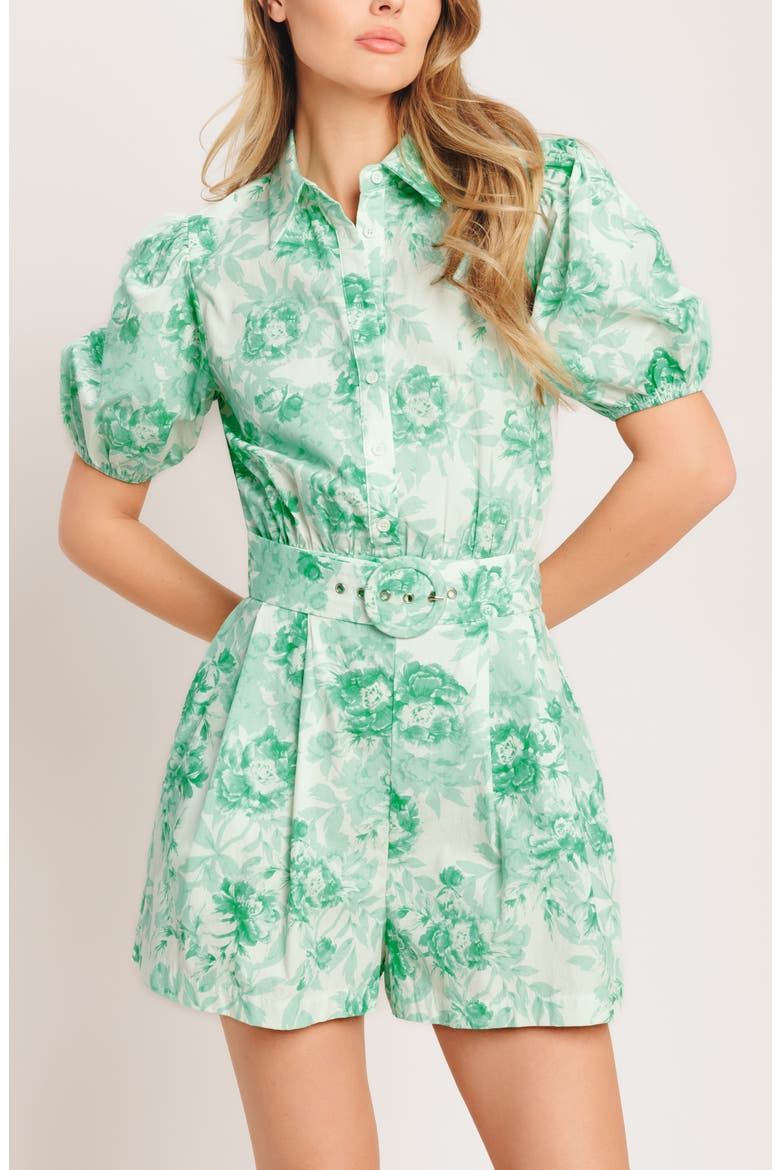 Print Belted Cotton Romper, Alternate, color, IVORY/ MINT