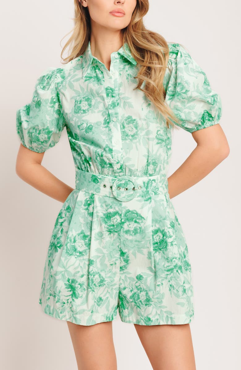 FLYING TOMATO Print Belted Cotton Romper, Alternate, color, Ivory/ Mint