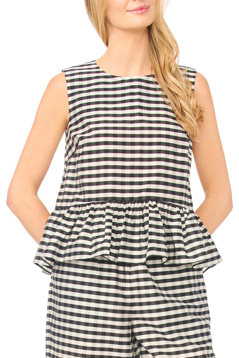 Colette Gingham Sleeveless Peplum Top, Main, color, RICH BLACK