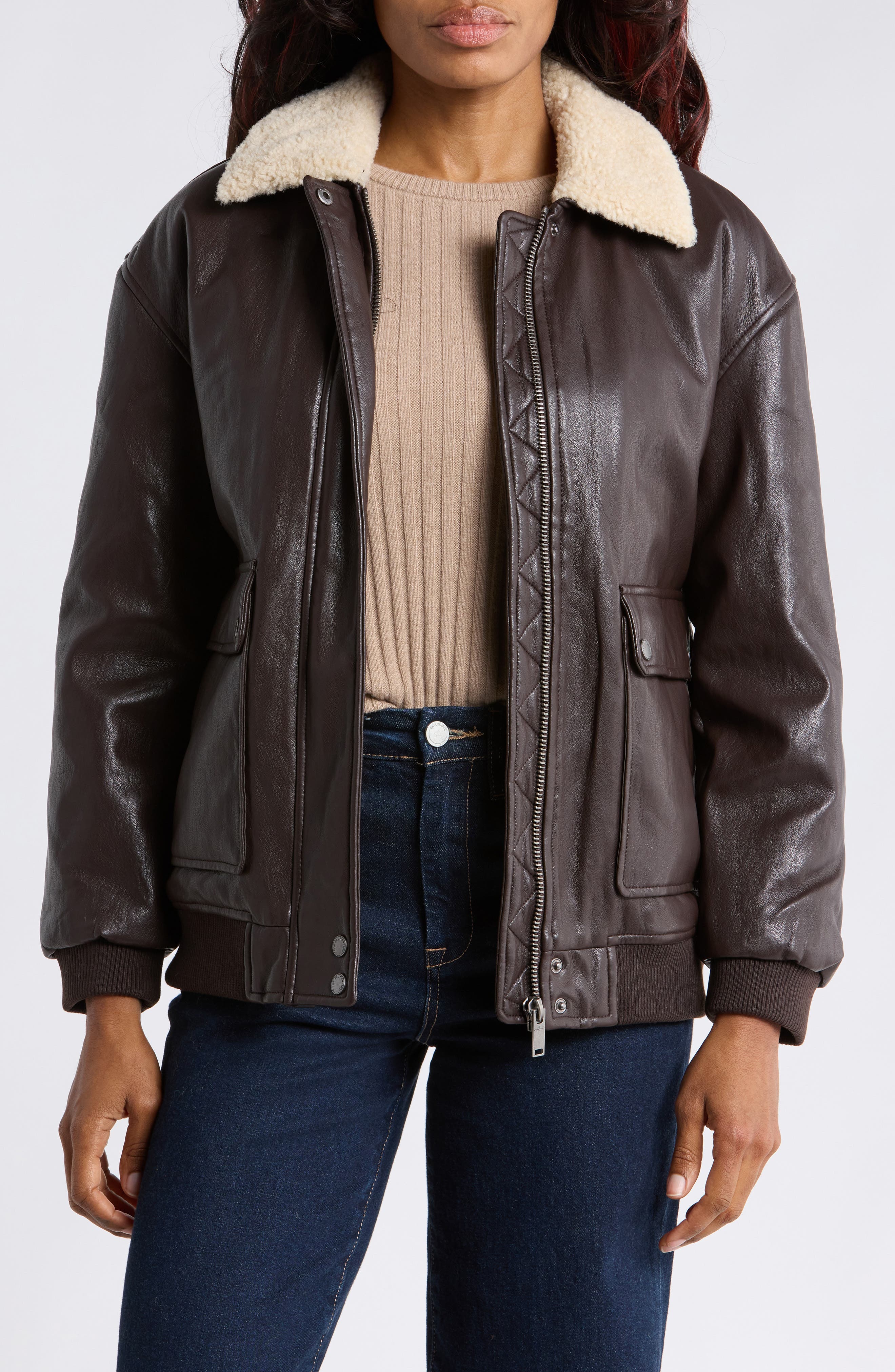 Oversized Faux Leather Aviator Jacket