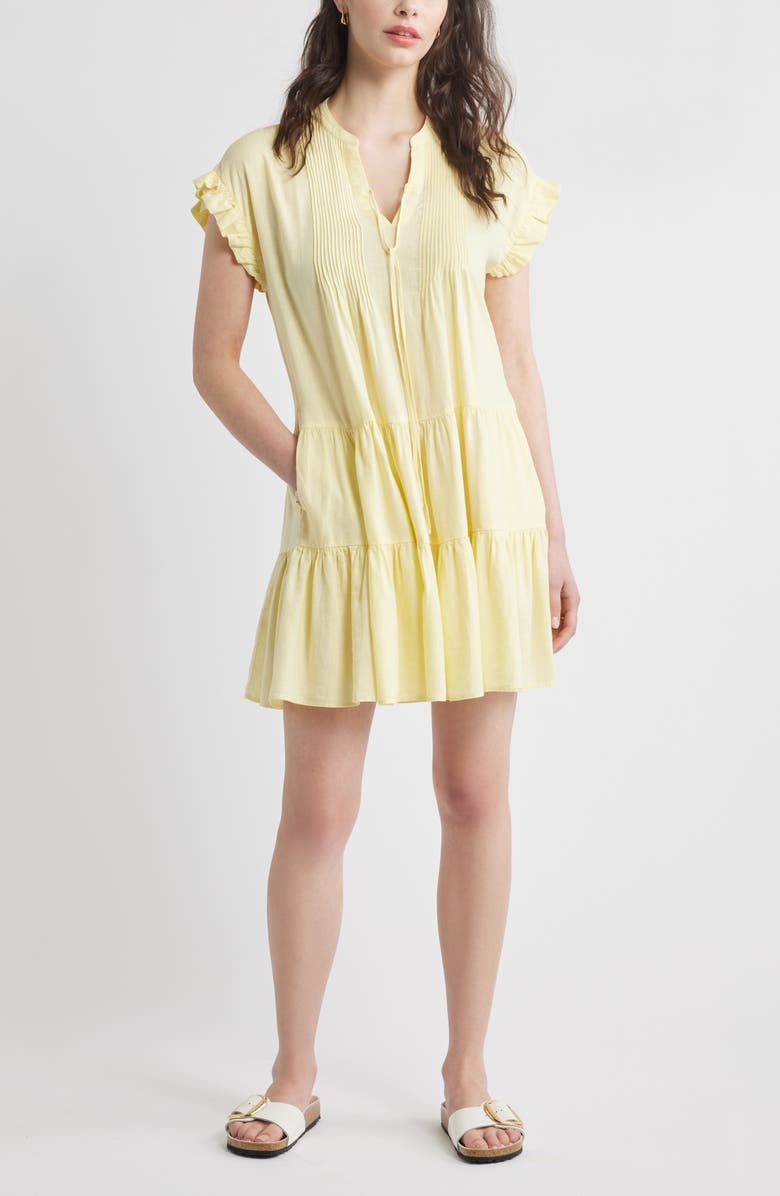 Caslon<sup>®</sup> Ruffle Sleeve Linen Blend Tiered Dress, Main, color, Yellow Pastel