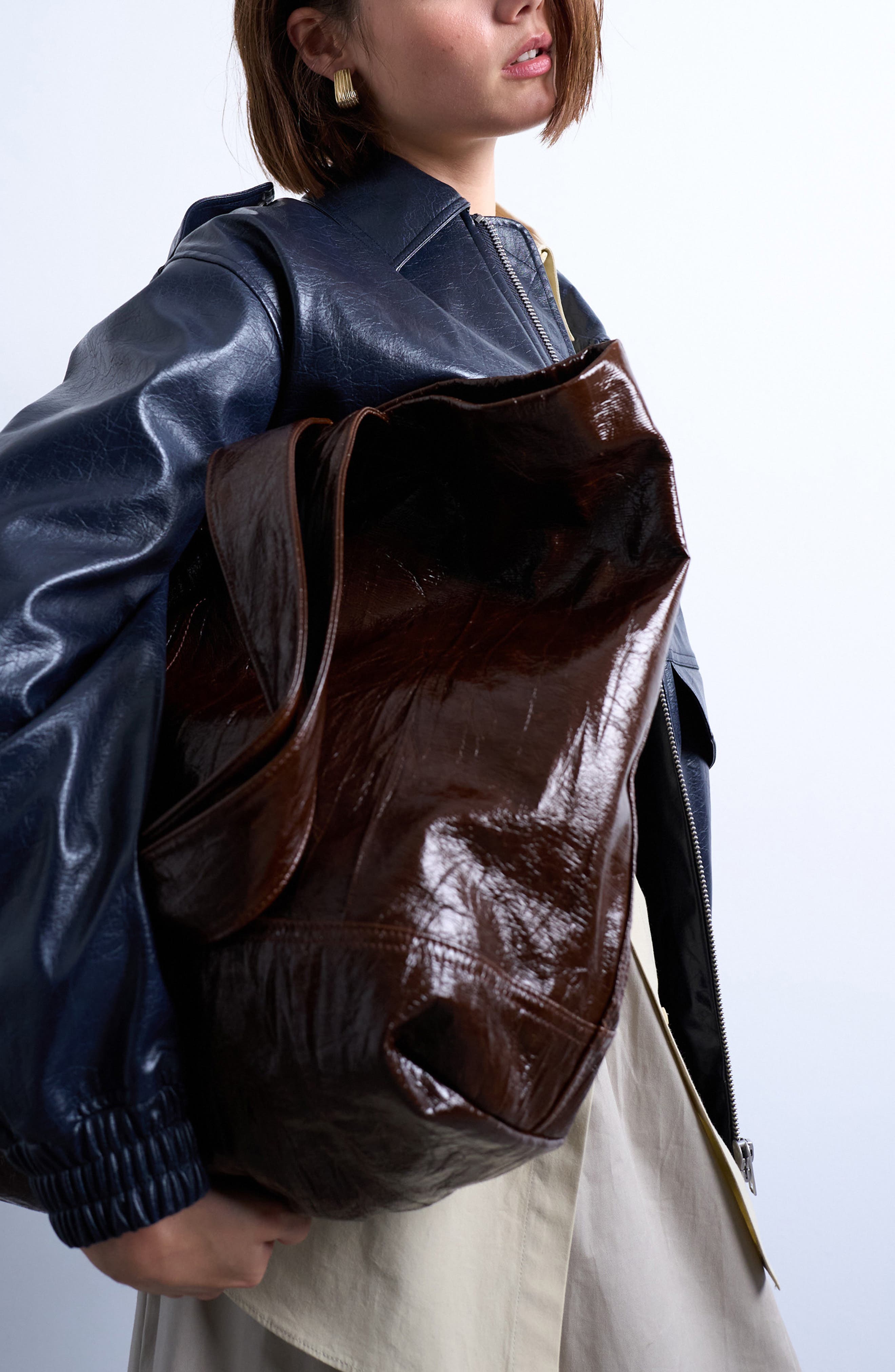 Topshop Crinkle Faux Leather Tote, Alternate, color, Brown