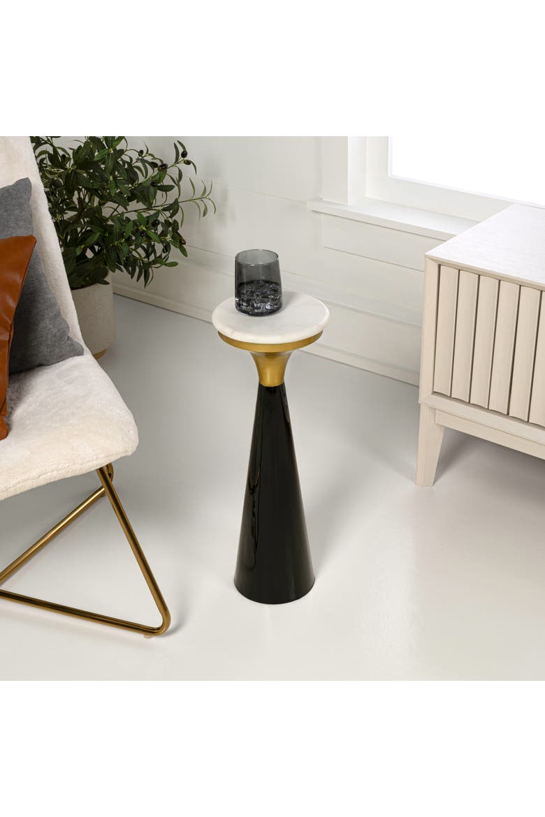 Oliver Metal Pedestal Drink Table with Marble Top, Small Round Accent End Table for Living Room, Alternate, color, Black/White/Gold