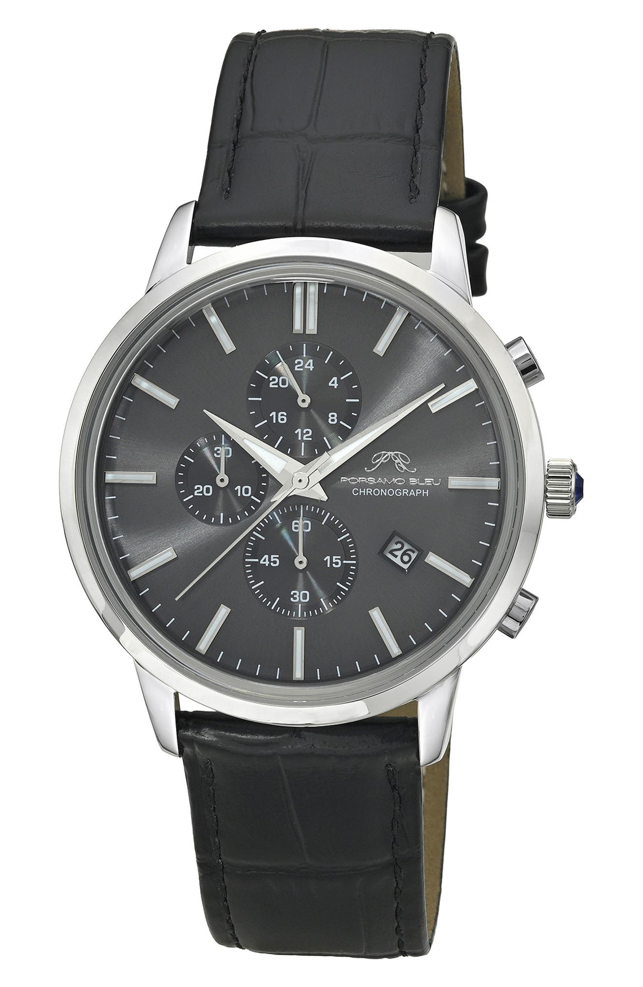 Porsamo Bleu Aura Leather Strap Chronograph Watch, 44mm In Silver Black