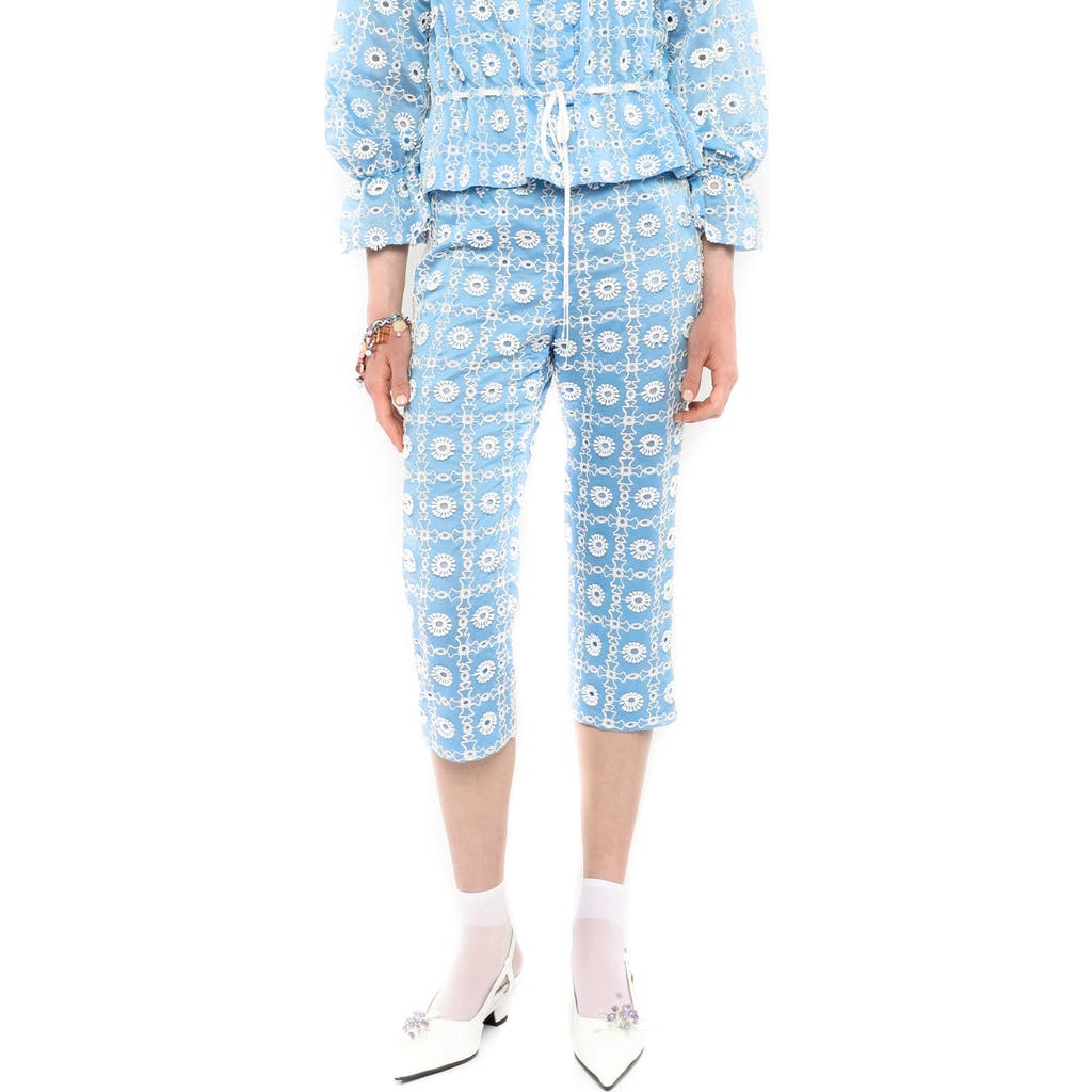 Shop Anna Sui Lattice Lace Embroidery Capri Pants In Baby Blue