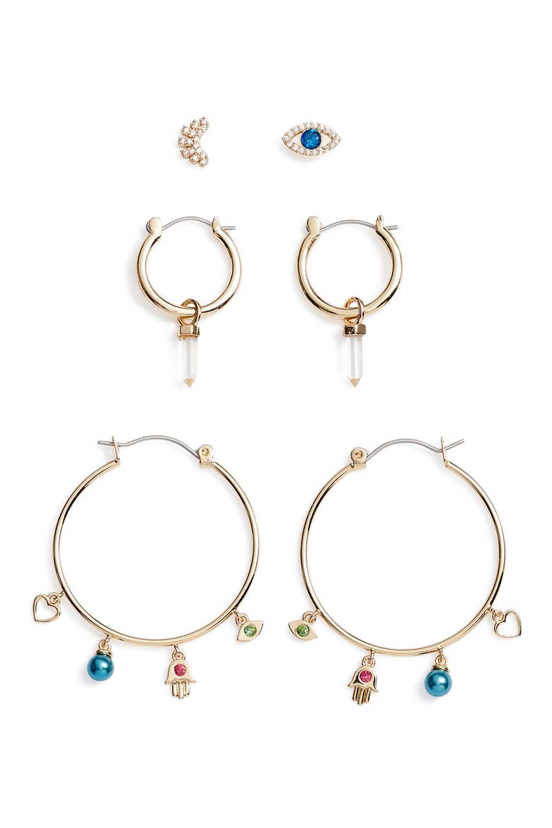 Good Luck Set of 3 Earrings, Main, color, MULTI- GOLD