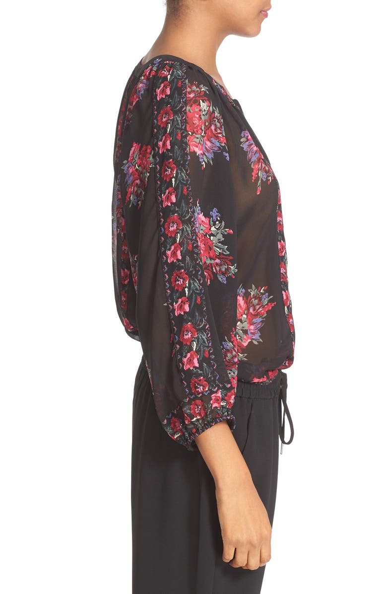 Joie 'Gloria' Floral Print Silk Peasant Top, Alternate, color, Caviar