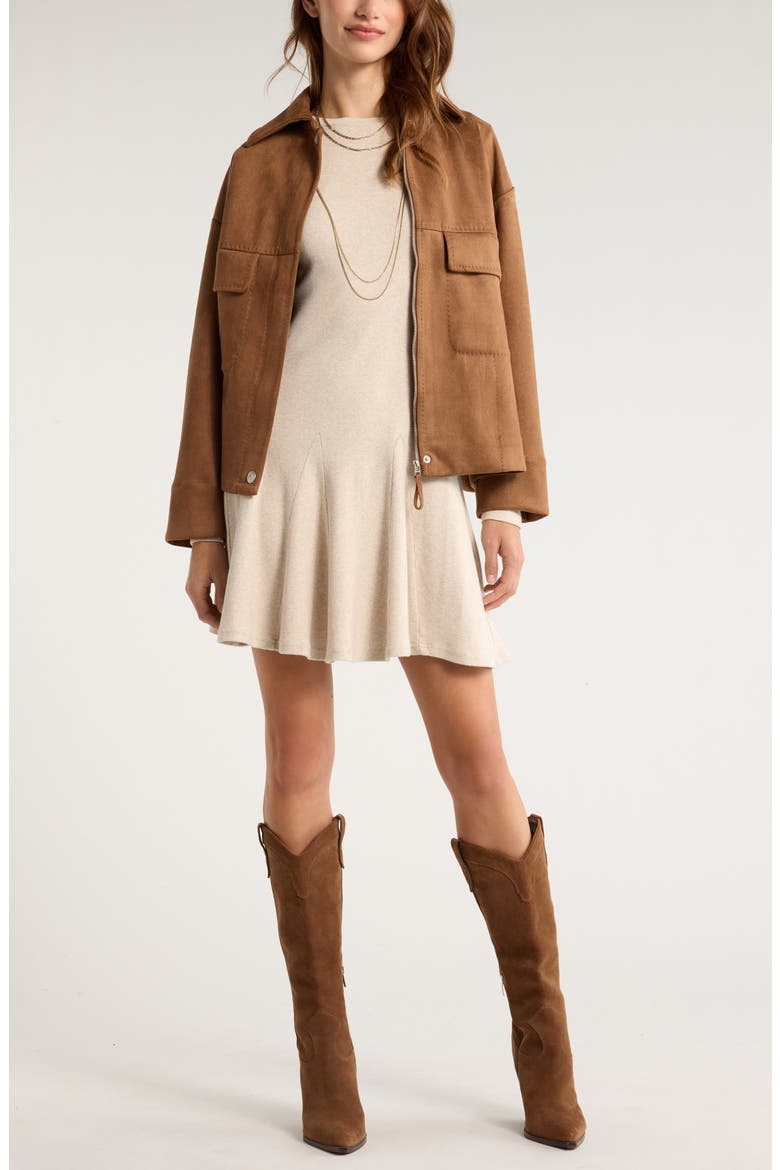 Long Sleeve Fit & Flare Minidress, Alternate, color, BEIGE OATMEAL LIGHT HEATHER