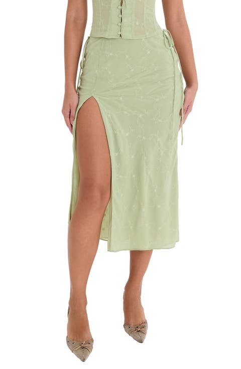 Embroidered Thigh Split Midi Skirt