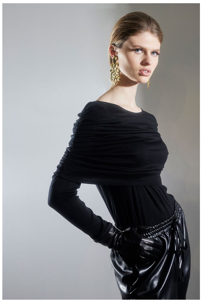 Layering Cut & Sew Rouched Top w/ Sleeves, Alternate, color, BLACK